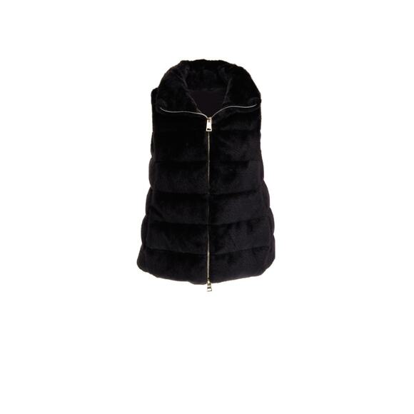 Herno Black Faux Fur Vest Sleeveless Gold Zip Slip Pockets Quilted 40 4 S - Picture 1 of 11